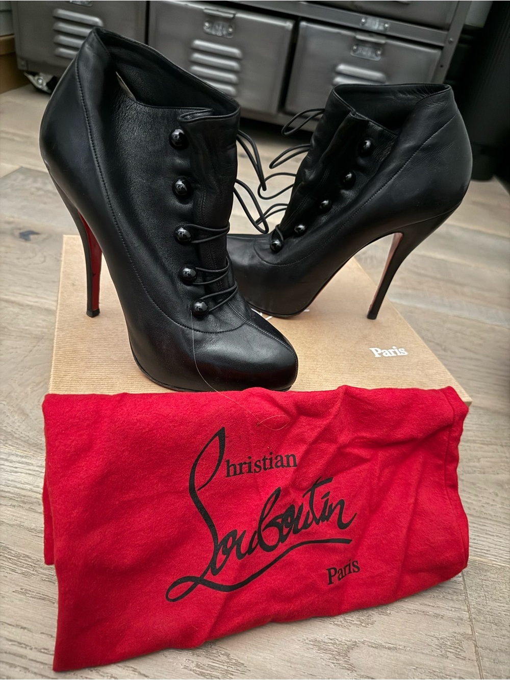 Christian Louboutin Black Leather Lace-Up Stiletto Ankle Booties